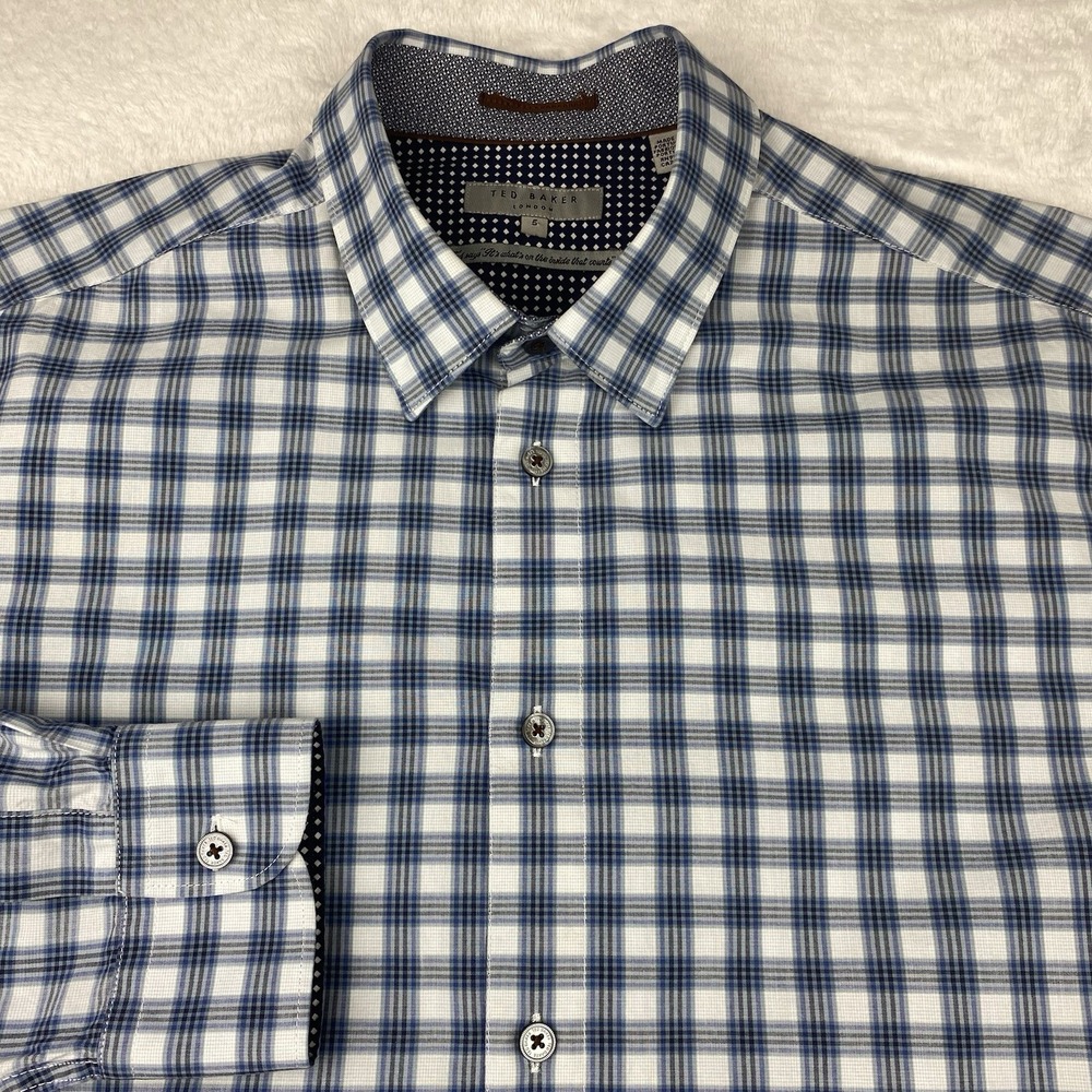 Ted‎ Baker Dress Shirt Men's Large (5) Blue/Gray Checks Modern Fit Flip Cuffs